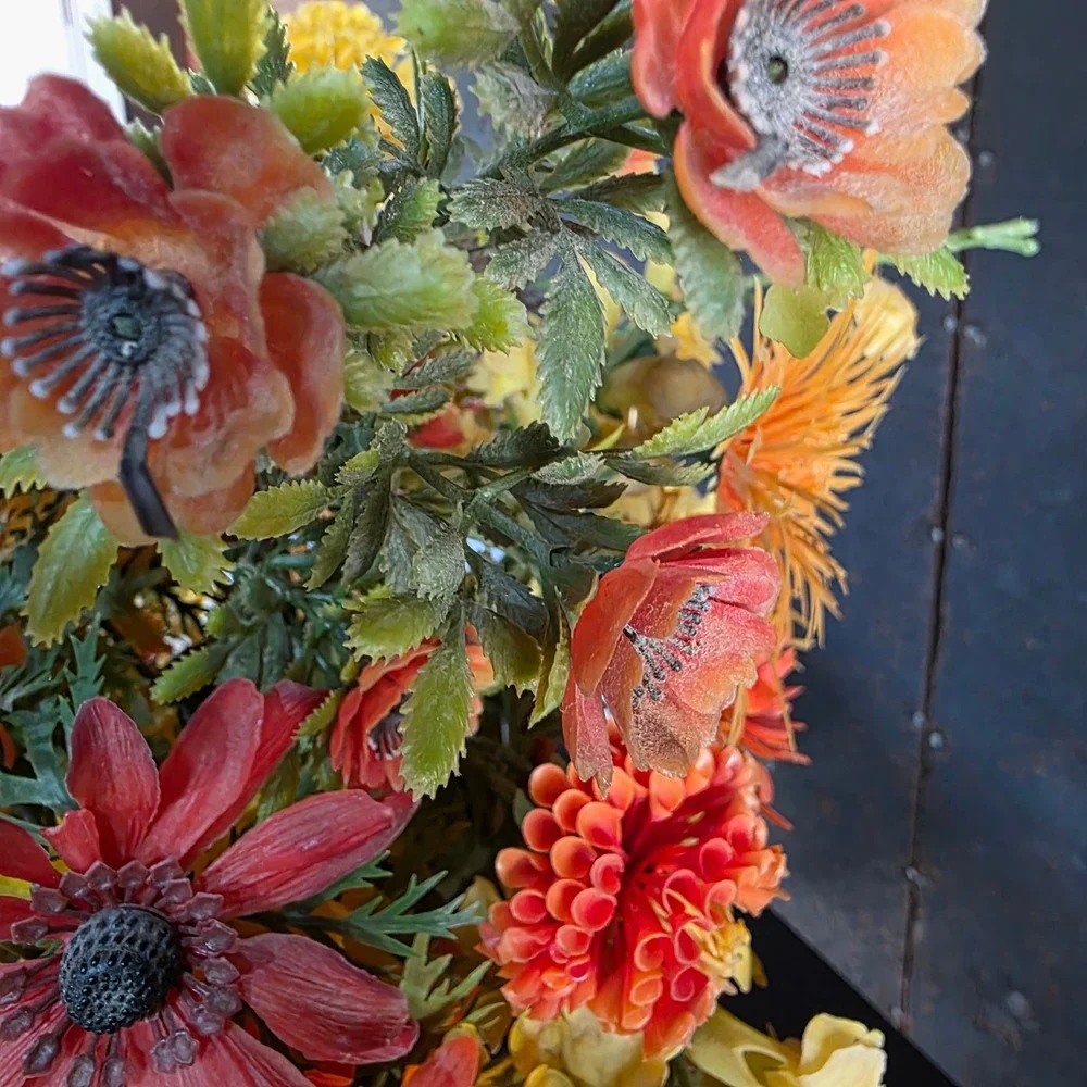 60s Plastic Flower Power Arrangement Orange Autumn Groovy in Slag Glass Vase